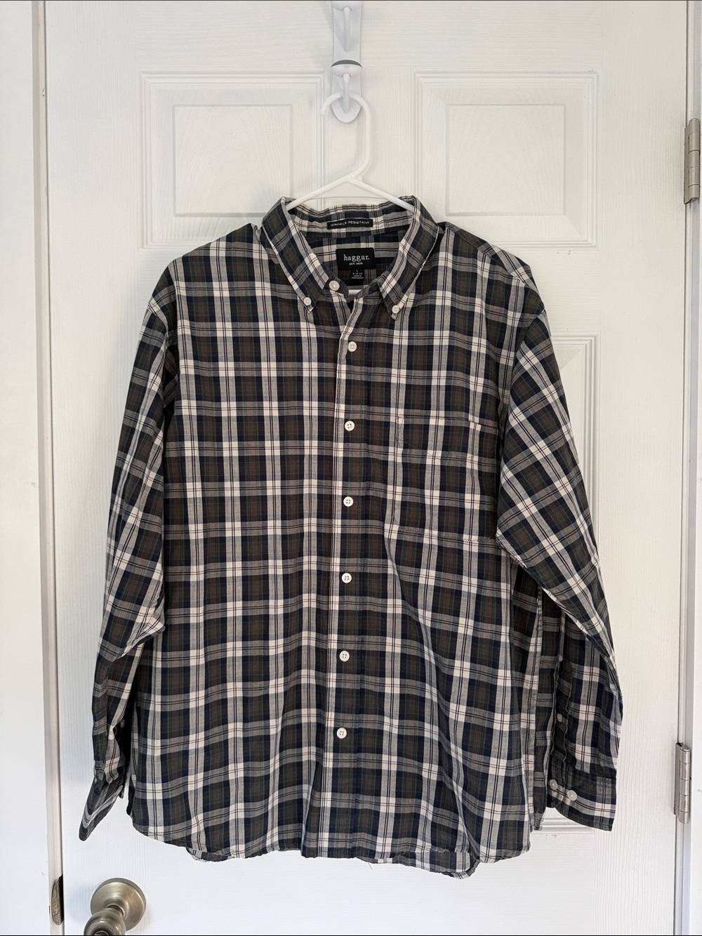 Haggar Men’s Plaid Button-Down Shirt in Navy and Cream with Subtle Red Accents